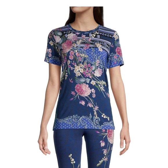Johnny Was Revive Floral Short Sleeve Special Tee Shirt Rayon Navy Blue Top NEW - Picture 1 of 7